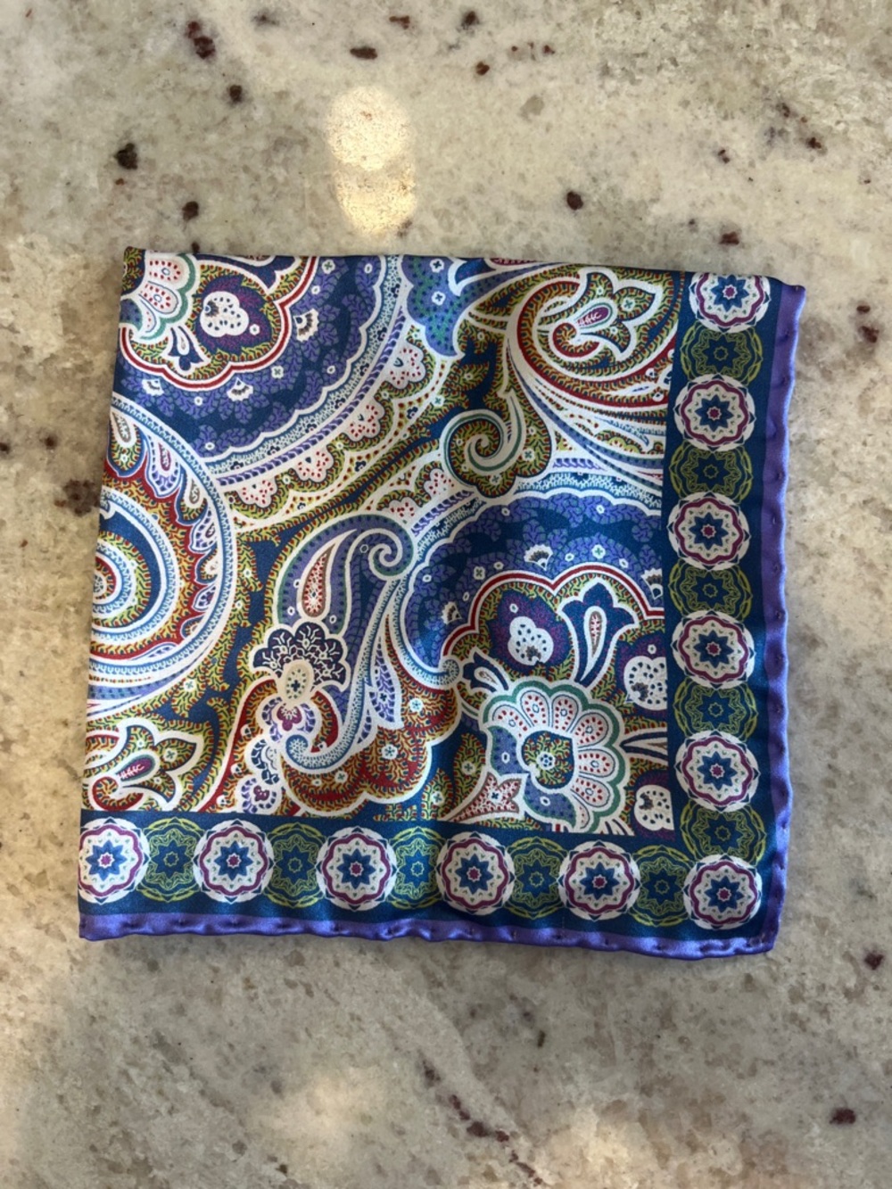 Italo Ferretti 100% Silk Paisley Pocket Square in Light Blue with Purple Trim